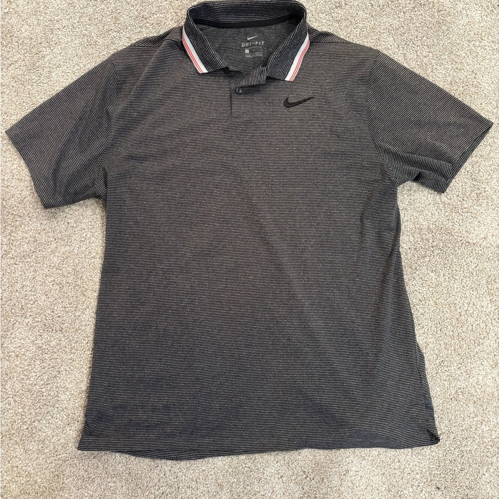 Nike Men’s Charcoal Micro-Stripe Polo with Red Stripe Collar